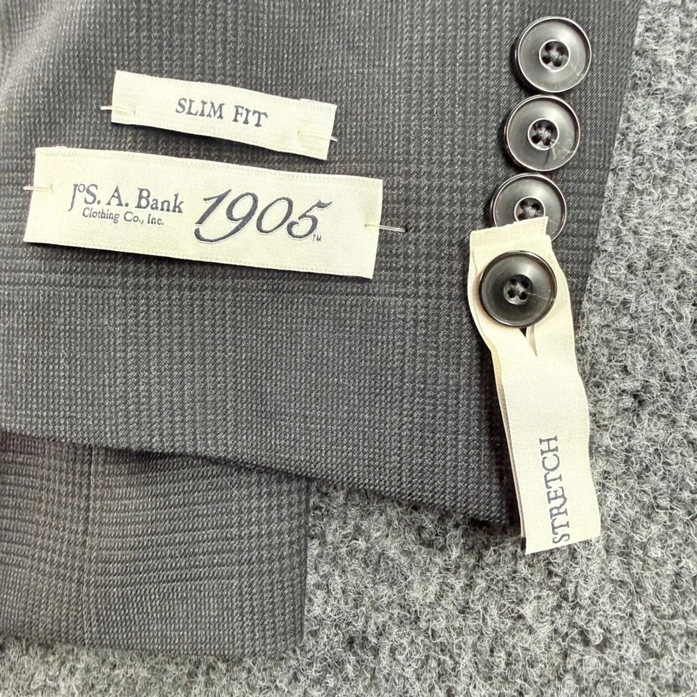 Jos A Bank 1905 Blazer Slim Fit Merino Wool Stretch Sport Coat dark‎ Grey Plaid